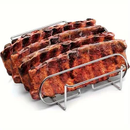   Hordozható tapadásmentes bordatartó, acél BBQ grillrács steakhez és báránybordához
