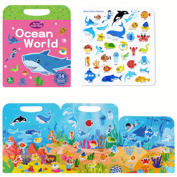 Újrahasználható matricáskönyv, mosható matricák, karácsonyi ajándék felnőtteknek, húsvéti ajándék - tél, újév Ocean World