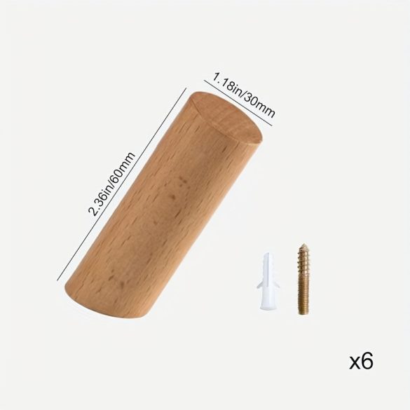 6 db Fa Akasztó Készlet: Diófa Kabátakasztók, Juharfa Kulcstartók 3cm*6cm - 6 bükkfa horog + 6 csavar
