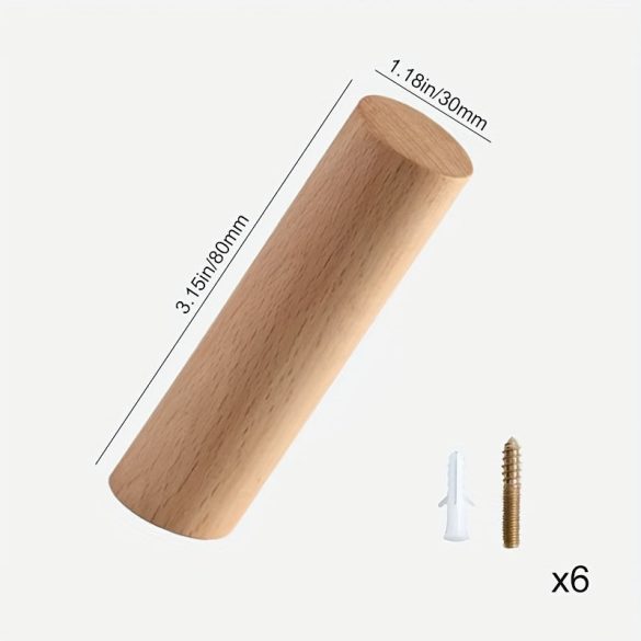 6 db Fa Akasztó Készlet: Diófa Kabátakasztók, Juharfa Kulcstartók 3cm*8cm - 6 bükkfa horog + 6 csavar
