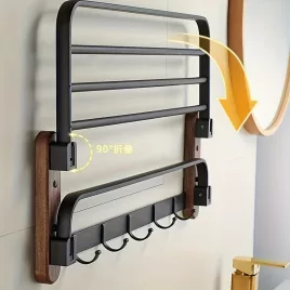   Kiváló minőségű diófa törülközőtartó, alumíniummal, fali tároló, nincsenek lyukak, elegáns törülközőtartó fürdőszobába, tartó a fürdőszobában, törülközőtartó