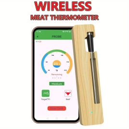   Intelligens vezeték nélküli hús hőmérő vezeték nélküli kapcsolattal - Akár 99,97 méteres hatótávolság, USB-ről tölthető, fém szonda BBQ-hez és sütőhöz Bambusz