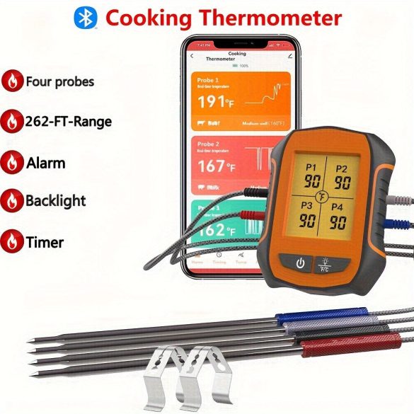 1db húshőmérő 152.4 méteres hosszúságú füstölő sütőhöz, grillező hőmérő kettős szondával, intelligens BBQ hőmérő főzéshez csirkehal hús