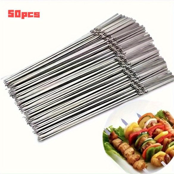 20/50db rozsdamentes acél grillező tűk, tartós, újrafelhasználható, könnyen tisztítható, alkalmas kültéri és beltéri grillezéshez Lapos bot-30cm - 50 db