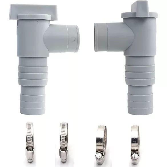 Szürke színű, L-alakú lefolyócsatlakozó Készlet, (2 Szelep + 4 Csőszorító)
