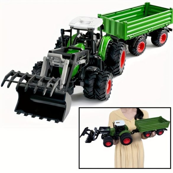 Nagy 50.04cm-es Zöld Farm Traktor Játékkészlet Pótkocsival és Előre Rakodóval