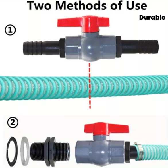 40 mm-es PVC golyós szelep tömlőcsatlakozóval – 2 db 32 mm-es fúvókával, tömítőszalaggal
