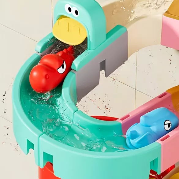 Interaktív vízi játékkészlet dinoszaurusz pályákkal, csúszdákkal és építőkockákkal