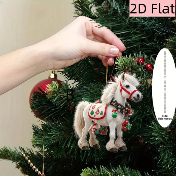Ló akril karácsonyi dísz piros kantárral és zöld füzérrel