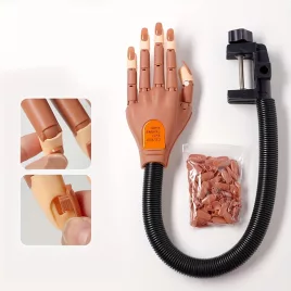   Manikűr edzőmodell kéz rugalmas ujjakkal - Állítható körömdíszítő gyakorló bábu, hipoallergén körömtechnikus eszköz szorítóval, 100 db körömtippet tartalmaz kezdőknek és profiknak