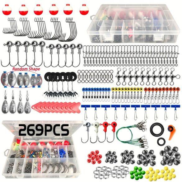 187 db-os horgászkiegészítő készlet - Tartozékdobozzal, horgokkal, csali-alkatrészekkel, süllyesztőkkel