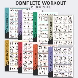  8 db fitnesz plakát készlet, nyújtás, súlyzós edzés, kettlebell jóga, 20 × 25 cm, keret nélküli
