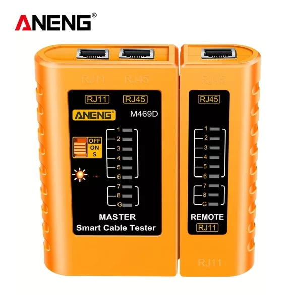 ANENG M469D hálózati kábeltesztelő RJ45/RJ11/RJ12 CAT5 UTP LAN kábelekhez, elemes Sárga