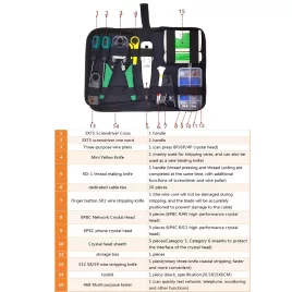   Hálózati szerviz eszközkészlet RJ45 teszterrel, krimpelő fogóval, kábelkövetővel, Cat5/Cat5e/Cat6-hoz