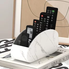   PU távirányító tartó 5 rekeszes tárolódobozzal – távirányító tálca rendszerező TV-hez Fehér márvány