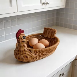   Húsvéti témájú szőtt csirke alakú kosár, mű rattan szőtt anyagból, dekoratív tálca - Falusias