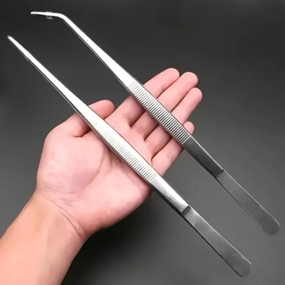 Hosszú csipeszkészlet egyenes és hajlított hegyekkel, 304 rozsdamentes acélból, 20 cm hosszú