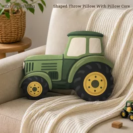   Zöld farmtraktor alakú tömött díspárna, retro rajzfilmes mintával, 2D lapos nyomattal, 40 cm - Többszínű, 40 cm