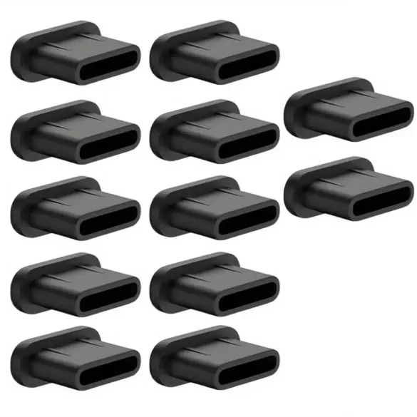 12 db fekete USB-C töltőport-porvédő sapka, puha, rugalmas és karcálló borítás